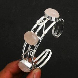 Rose Quartz Gemstone Sterling Silver  Adjustable Bangle  29 Gms